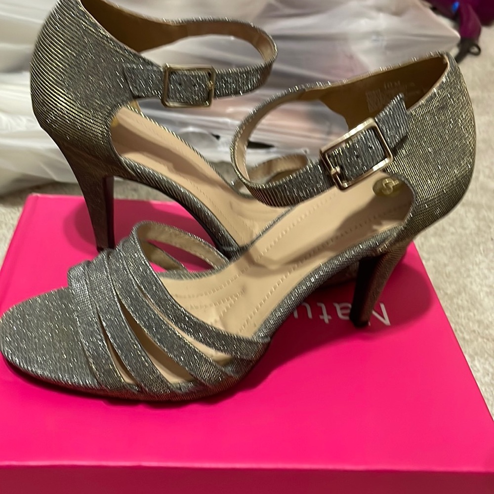 C.P. Heels sparkly size 10 strap open toe buckle 2 inch heel